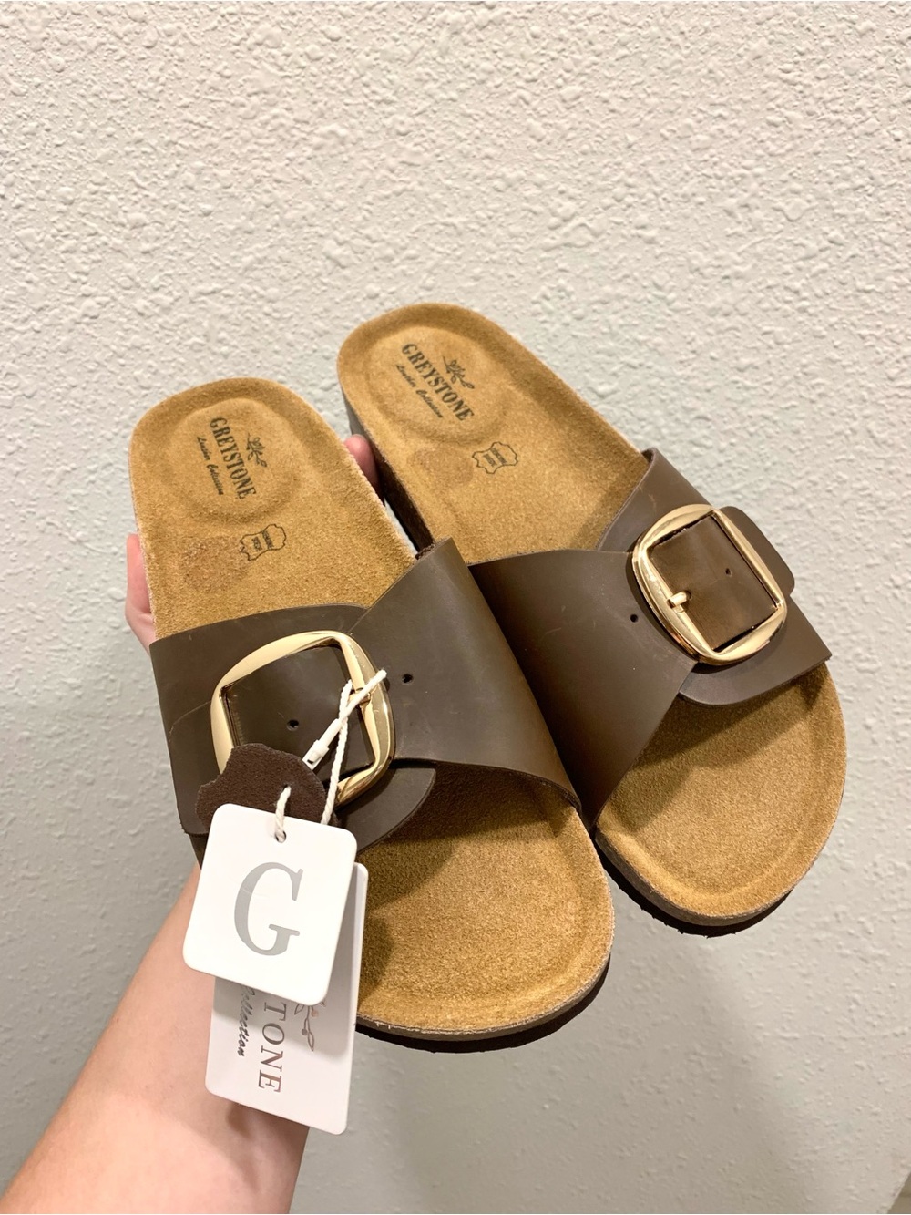 Greystone Women's Brown Buckle Slide Sandals
